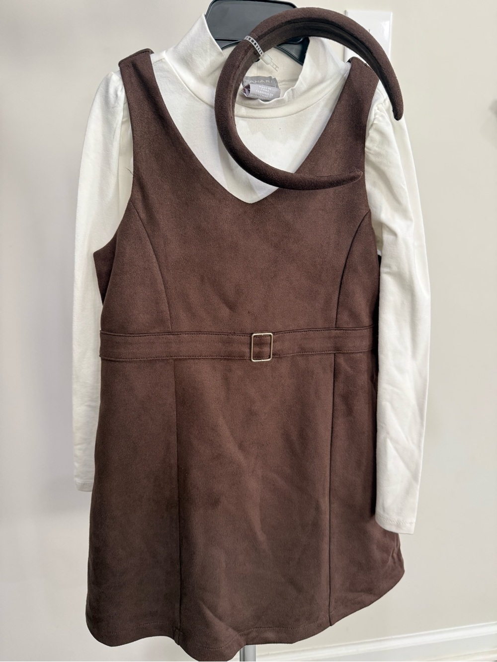 Tahari Brown Pinafore Dress with Cream Turtleneck and Brown Headband